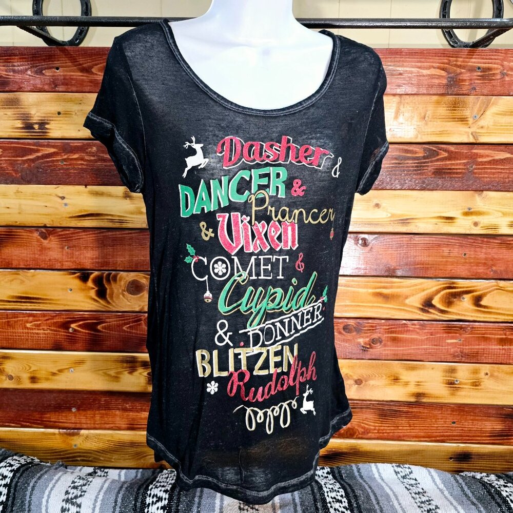 Rocker Girl Christmas Reindeer Graphic Tee Burnout Knit Top Black Small S 3/5